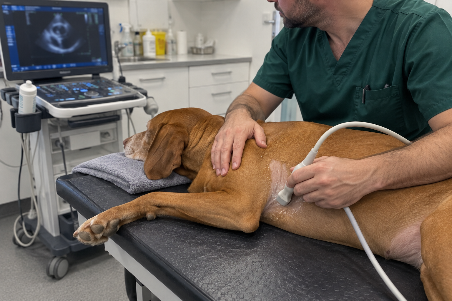 Veterinár vyšetruje srdce maďarskej vyžly ultrazvukovou sondou na klinike